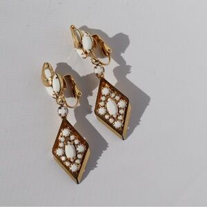 Vintage Gold and White Clip On Dangle Earrings